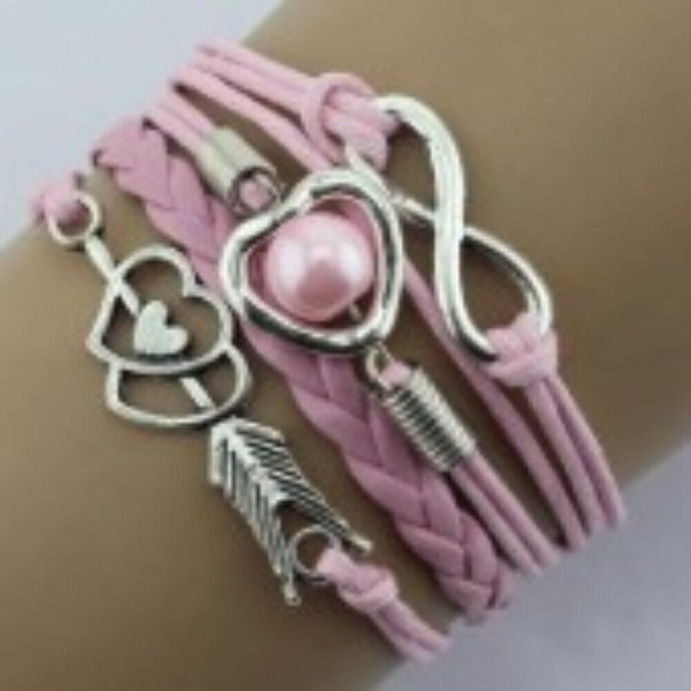 Cupid's Arrow Pearl Rope Multi-Layer Heart Bracelet Pink and Silver Retro Style